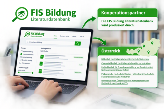 Illustration zur Kooperation mit FIS Bildung: Die Literaturdatenbank ist auf einem Laptop dargestellt, daneben eine Österreichkarte mit österreichischen Kooperationspartnern.