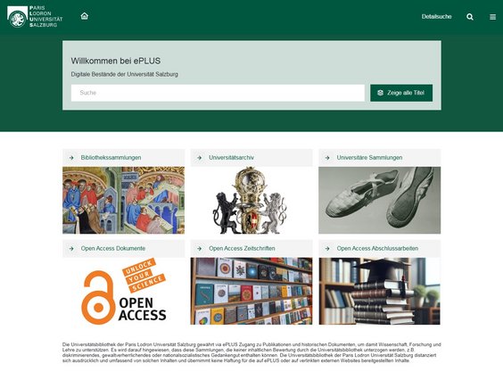 Die Startseite des Visual-Library-Portals mit den Bereichen Bibliothekssammlungen, Universitätsarchiv, Universitäre Sammlungen, Open Access Dokumente, Open Access Zeitschriften und Open Access Abschlussarbeiten